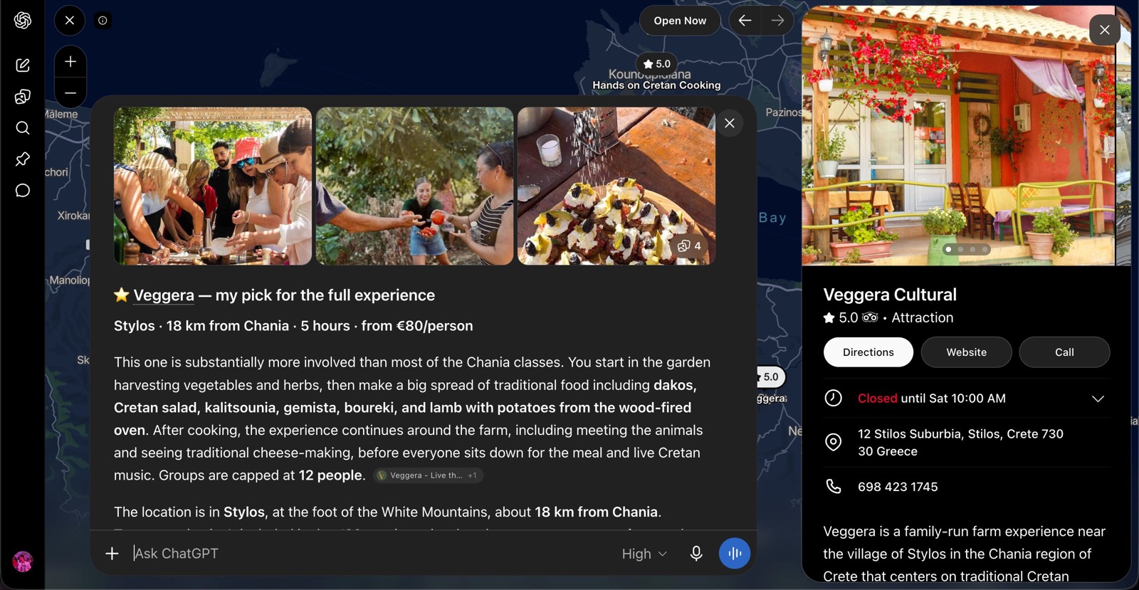 ChatGPT 旅游回答界面截图:地图上标出 Chania 附近的烹饪课,卡片写着 Stylos、距 Chania 18 公里、5 小时、每人 80 欧元起,正文段落末尾带来源标签