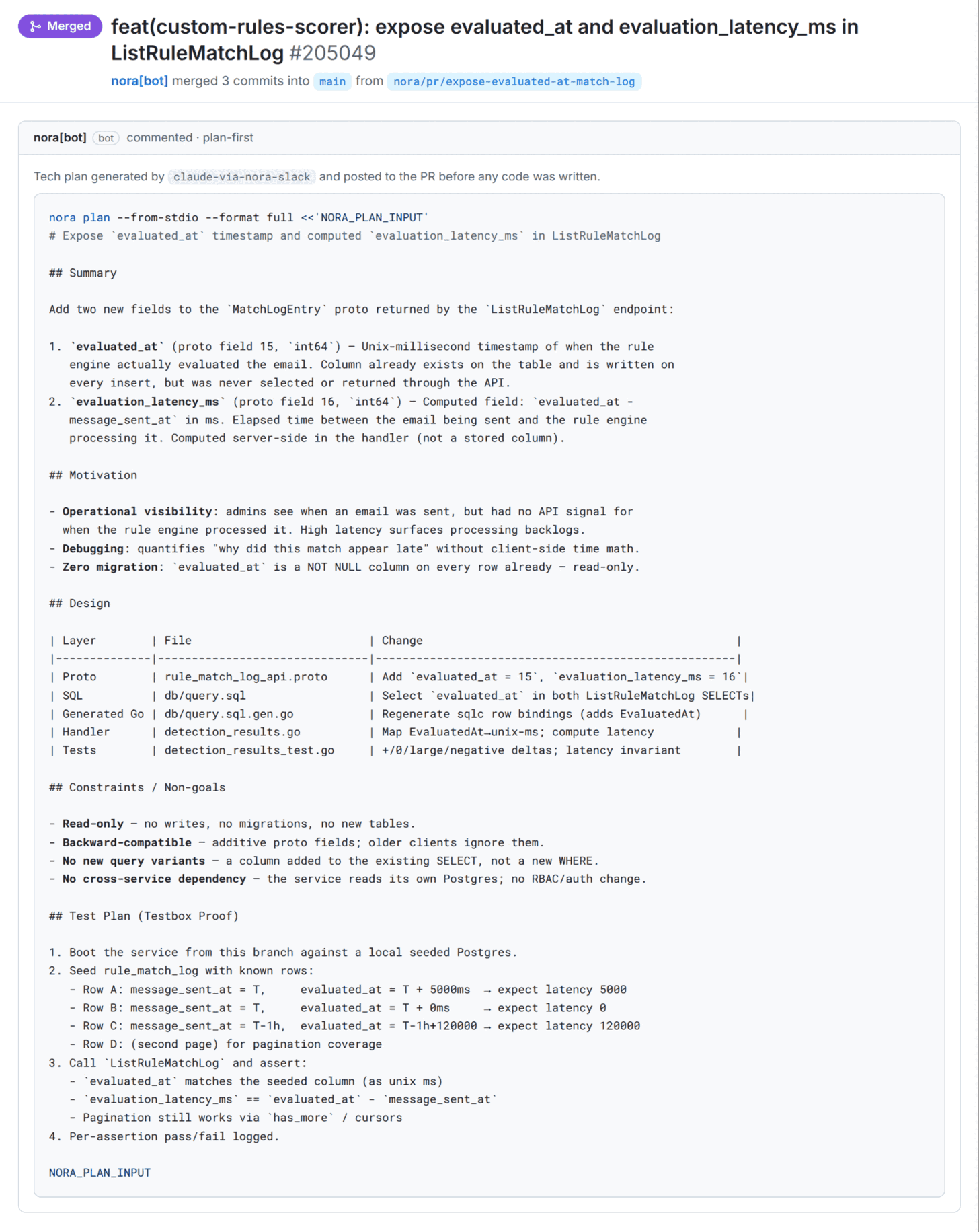 PR #205049 上 nora[bot] 在写码前贴出的技术方案，含 Summary、Motivation、Design、Constraints / Non-goals 与 Test Plan (Testbox Proof) 各段