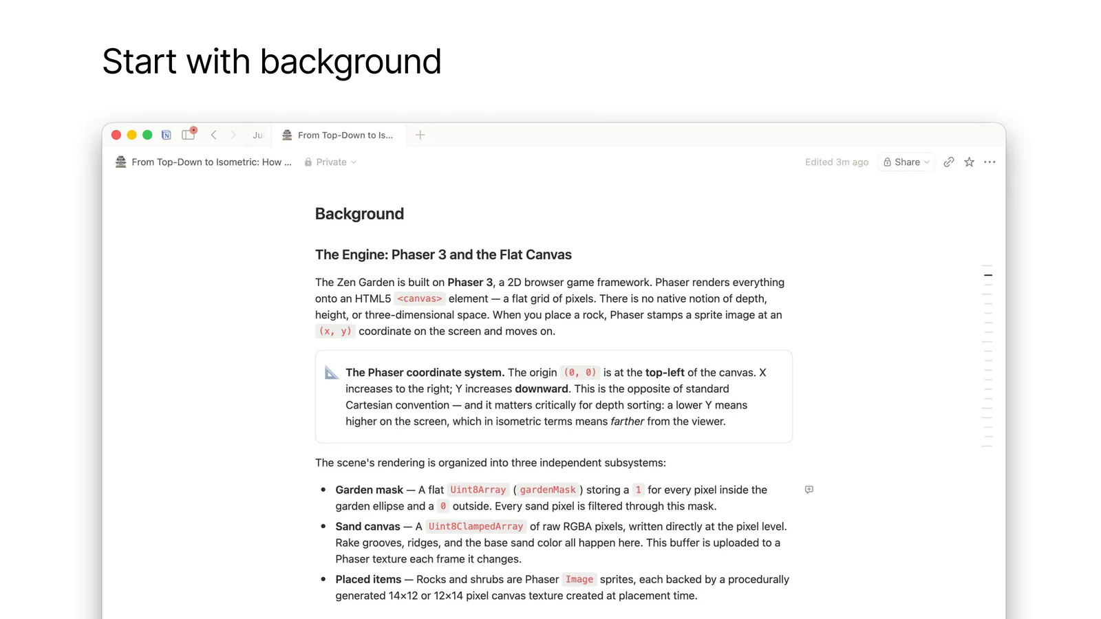 讲解文档的 Background 段截图：讲解游戏引擎 Phaser 3 与平面画布，含坐标系说明框