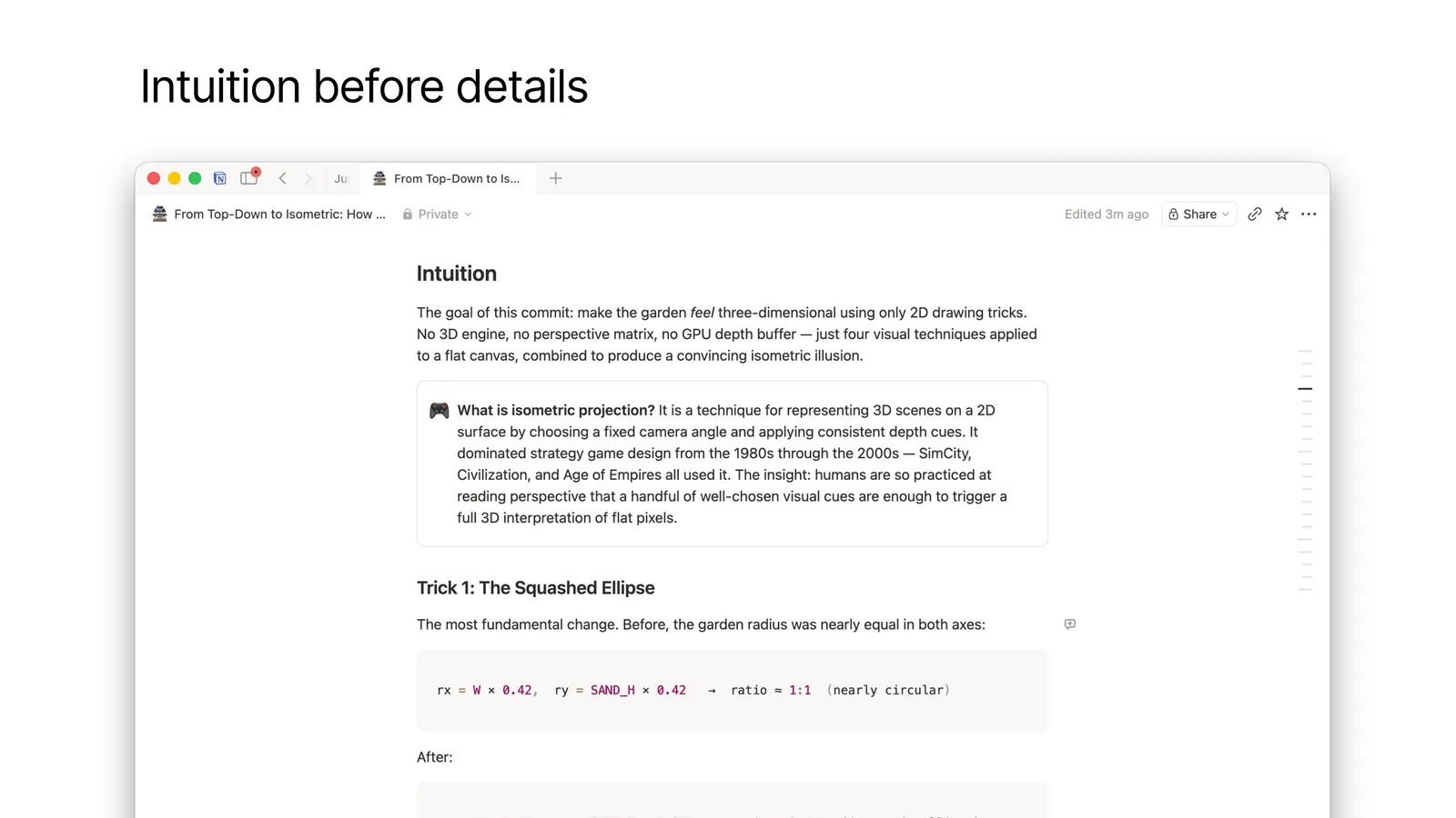 讲解文档的 Intuition 段截图：先说明改动目标，再解释什么是等轴测投影